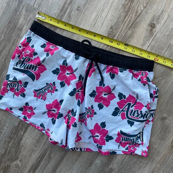 AussieBum Swim Shorts Size L Floral Hibiscus Print White Pink Black Drawstring - Picture 5 of 9